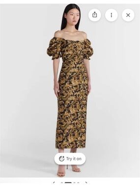 Saloni Puff Sleeve Midi Dress in Gold and Black